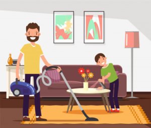 Father and son cleaning, doing household chores. Premium Vector